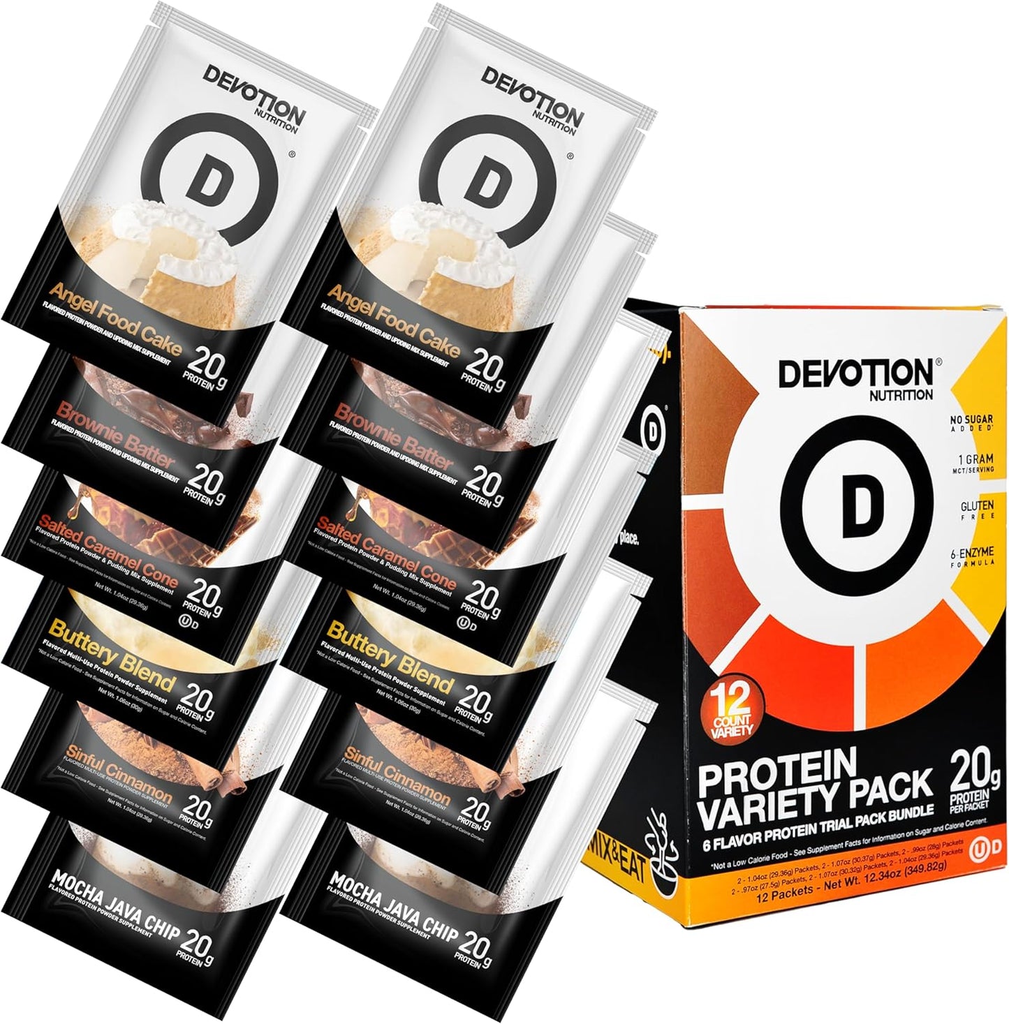 Devotion Nutrition Protein Powder Packets Variety Pack – 6 Flavors – Gluten Free, Keto Friendly, No Added Sugars, 1g MCT, 20g Whey & Micellar Protein per Serving – 12 Single-Serve Packets