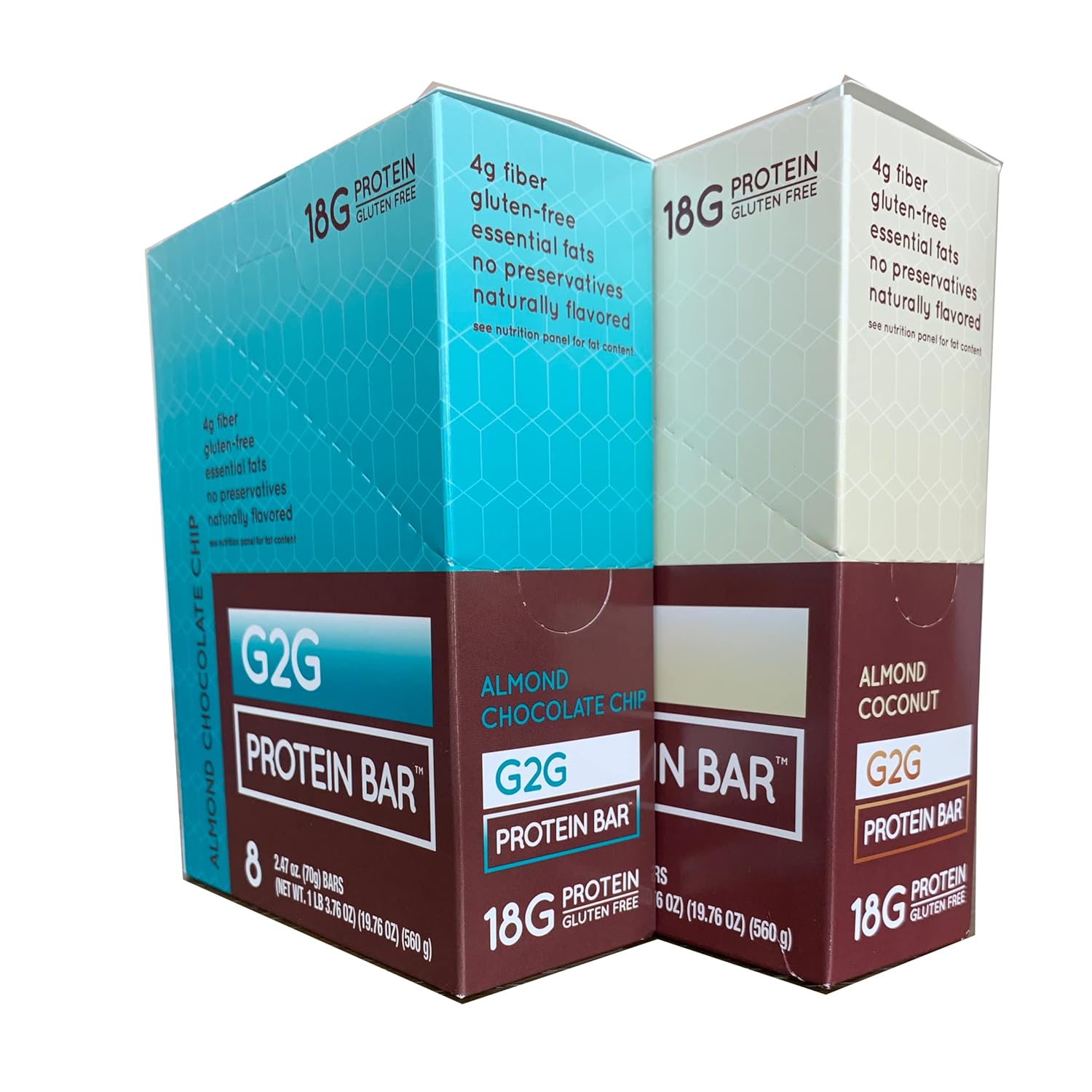 G2G Protein Bar, Almond Butter Lovers 2-Pack, 1 Box Almond Choc Chip & 1 Box Almond Coconut, Healthy Snack, Delicious Meal Replacement, Gluten-Free, Refrigerated for Freshness, 16 Count (2 Packs of 8)