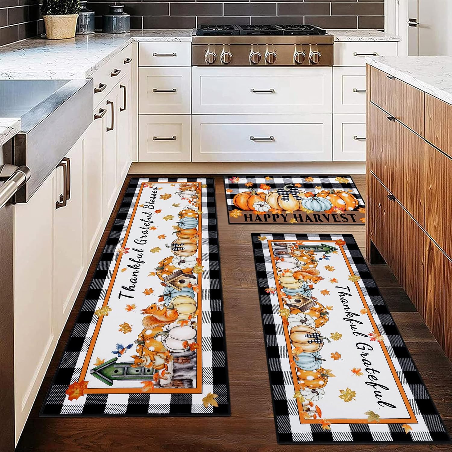 Ileading Farmhouse Kitchen Rugs Set of 3, Washable Fall Kitchen Mats for Floor 3 Piece Set with Non Slip Backing, Squirrels and Pumpkins Print Plaid Runner Rug for Laundry Room, Hallways Decor