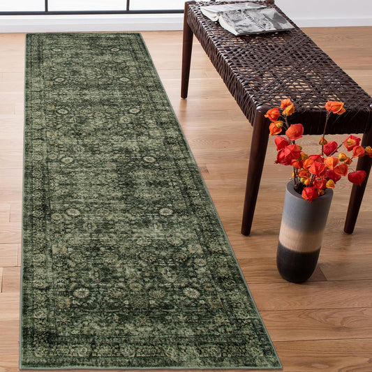 Morebes Washable Dark Green Runner Rug 2x8, Vintage Boho Runners for Hallways Non Slip, Soft Floral Indoor Floor Throw Carpet for Kitchen Laundry Room Bedroom Bathroom Living Entryway