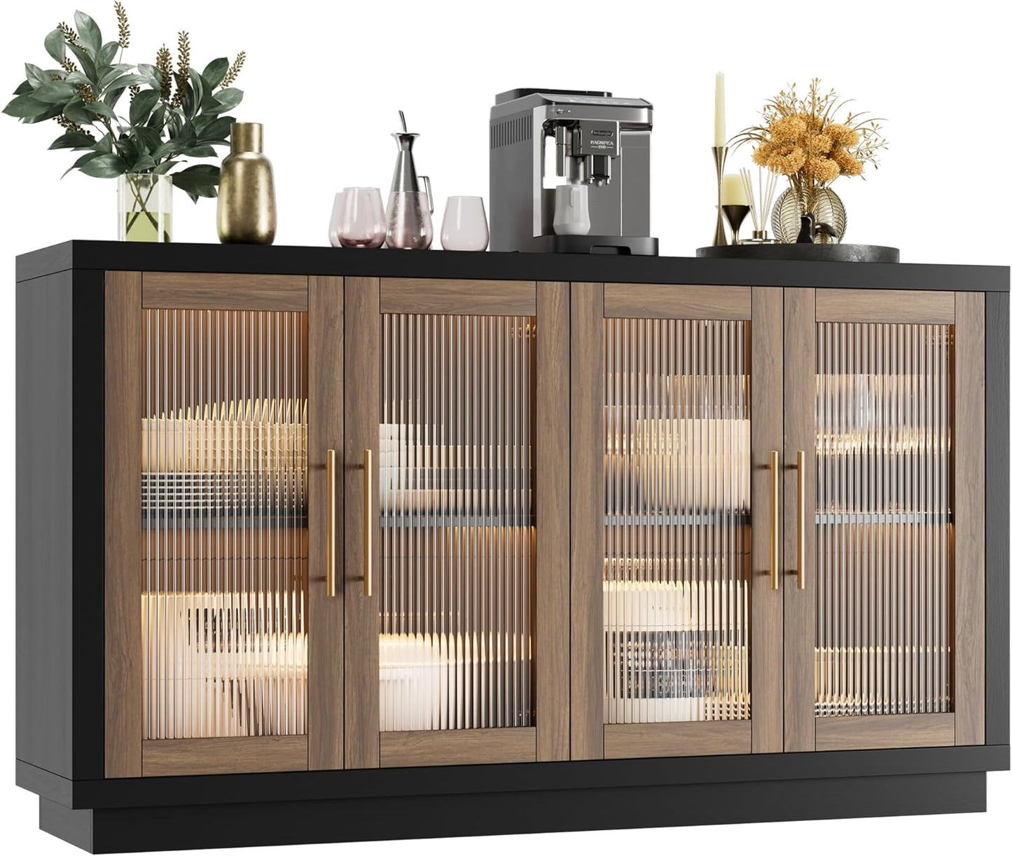 FOTOSOK Buffet Cabinet with Storage, 55.1" Large Sideboard Buffet Table, Modern Sideboard Kitchen Cabinet with 4 Fluted Glass Doors, Wood Coffee Ba for Kitchen Dining Room, Black\/Brown