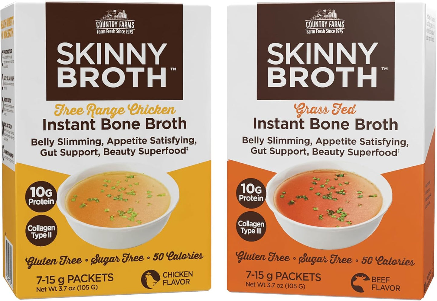 COUNTRY FARMS Skinny Broth 7-Day Plan, Instant Chicken and Beef Bone Broth, 10G Protein, Collagen Type II, Promotes Better Digestion, Bone Health, 7 Day Plan, 14-15g Packets