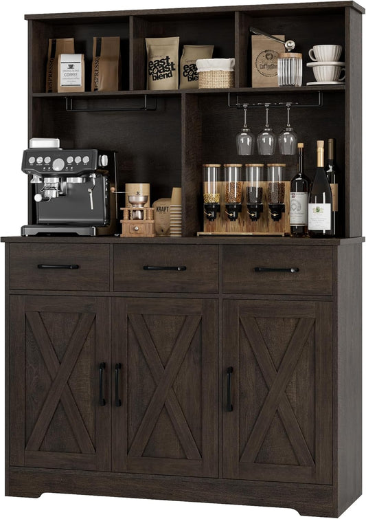 HOSTACK Buffet Cabinet with Hutch, Modern Farmhouse Kitchen Buffet Sideboard Storage Cabinet with 3 Drawers, Barn Door Coffee Bar Station for Dining Room, Living Room, Dark Brown