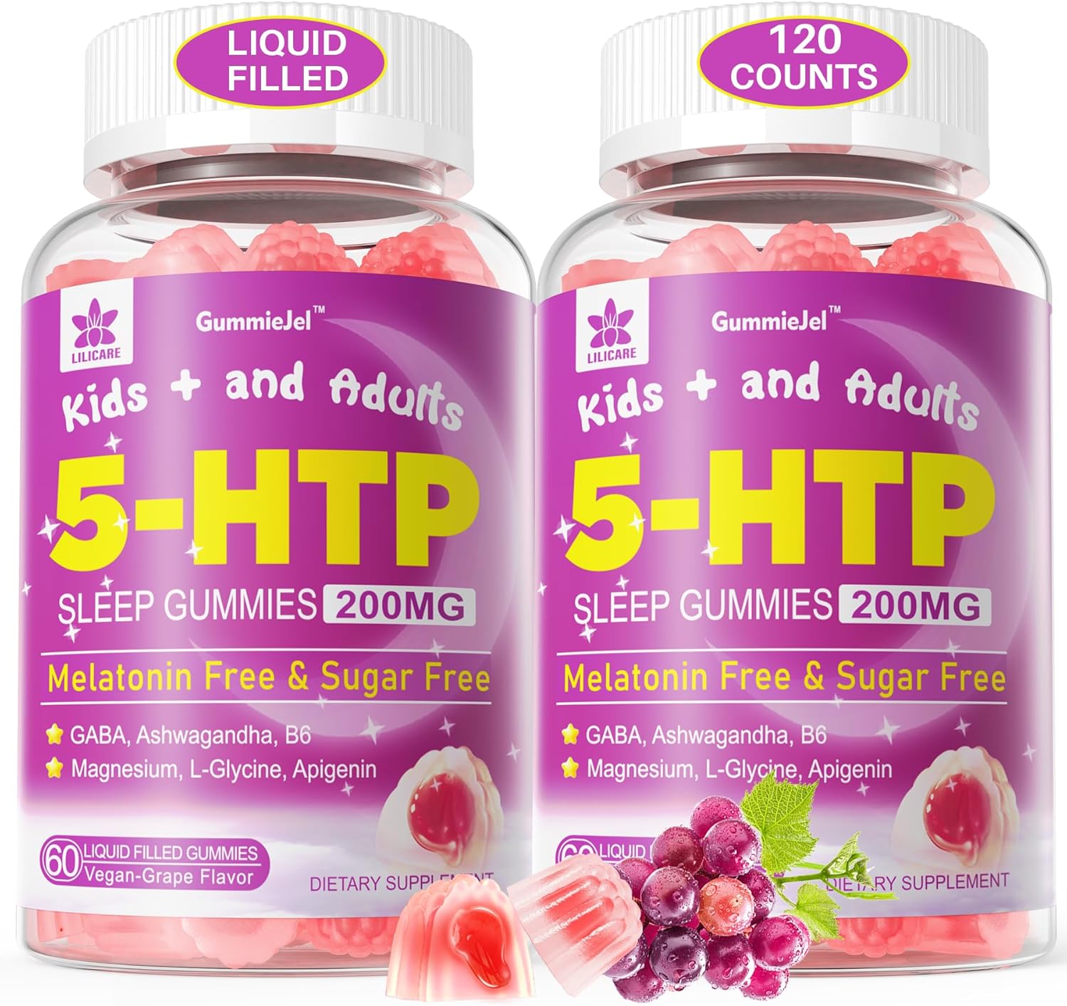 5HTP Gummies for Adults & Kids 8+, Melatonin Free Gummies with Magnesium Glycinate, GABA, L-Glycine, Ashwagandha, Vitamin B6 for Delicious Zzzs, Brain & Muscle Relaxation, 0 Sugar 60 Count (Pack of 2)