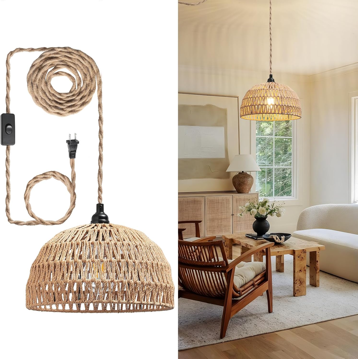 Rattan Hanging Lamp,Boho Pendant Lights,Plug in Cord Hanging Rattan Light,Plug Into Wall Outlet Pendant Light Fixture On\/Off Switch for Living,Dinner Room,Bedroom,Kitchen,for E26,without Bulb