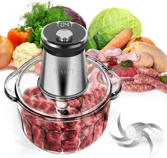 Electric Meat Grinder 850W Food Chopper Food processor with LED timer one 16cup thick glass bowl, 2 sets three-layers 6 blades cutter