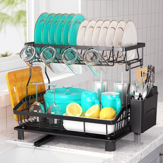 Ricobes Dish Drying Rack - 2 Tier Large Capacity Dish Rack- Dish Racks for Kitchen Counter with Drainboard, Rustproof Dish Drainer with Removable Utensil Holder,Cutting Board Holder,Cup Holder, Black
