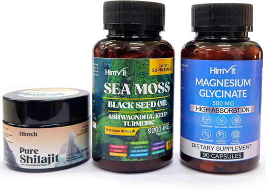 3 in 1 Pure Shilajit Resin Irish Sea Moss with Black Seed Oil and Magnesium Glycinate for Ultimate Gut Health and Vitality 90 Pills Each