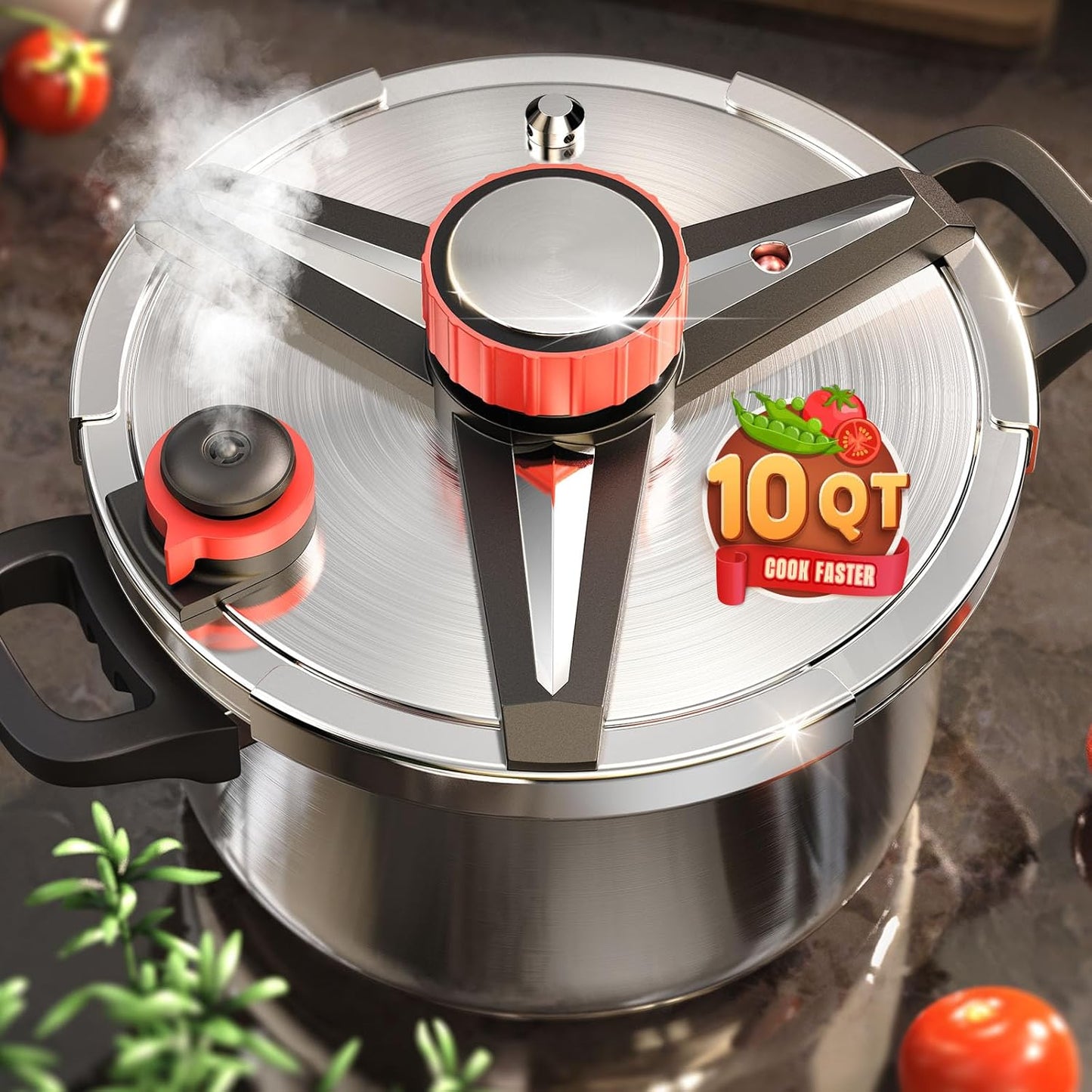 18\/8 Stainless Steel Pressure Cooker 10 QT, [Save 70% Cooking Time] Olla De Presion with Food-Grade Body [One Hand Operation] Rotating Lock\/Unlocking Lid System, Steam Rack Included