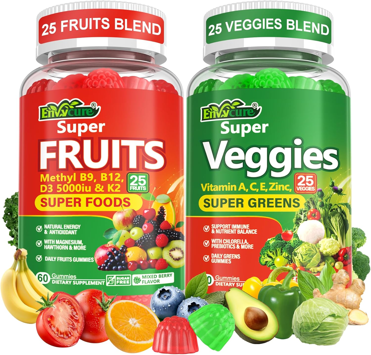 Super Greens Gummies, Daily Green Superfood Supplement w/Spirulina, Chlorella, Mushrooms, Probiotics, Multivitamins, 50+ Super Greens & Veggies Gummies to Boost Immunity, Energy & Gut Health, 120cts