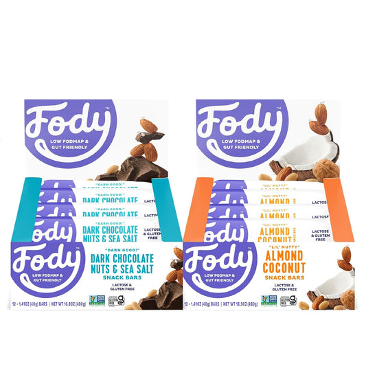 Fody Foods Snack Bars Variety Pack, 1.41 Oz (Pack of 24), Almond Coconut & Dark Chocolate Nuts & Sea Salt, Protein Bars, Low FODMAP, Gut & IBS Friendly, Vegan, Lactose Free, Non-GMO, Gluten Free