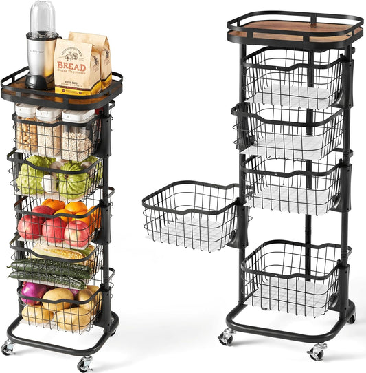 Ocyfym 5 Tier Kitchen Fruit Vegetable Storage Cart with One-Piece Rotating Basket, Pantry Organizer Shelf Rack Floor Stand for Veggie Onion Potato Produce Spice, Rolling Snack Cart on Wheels, Black