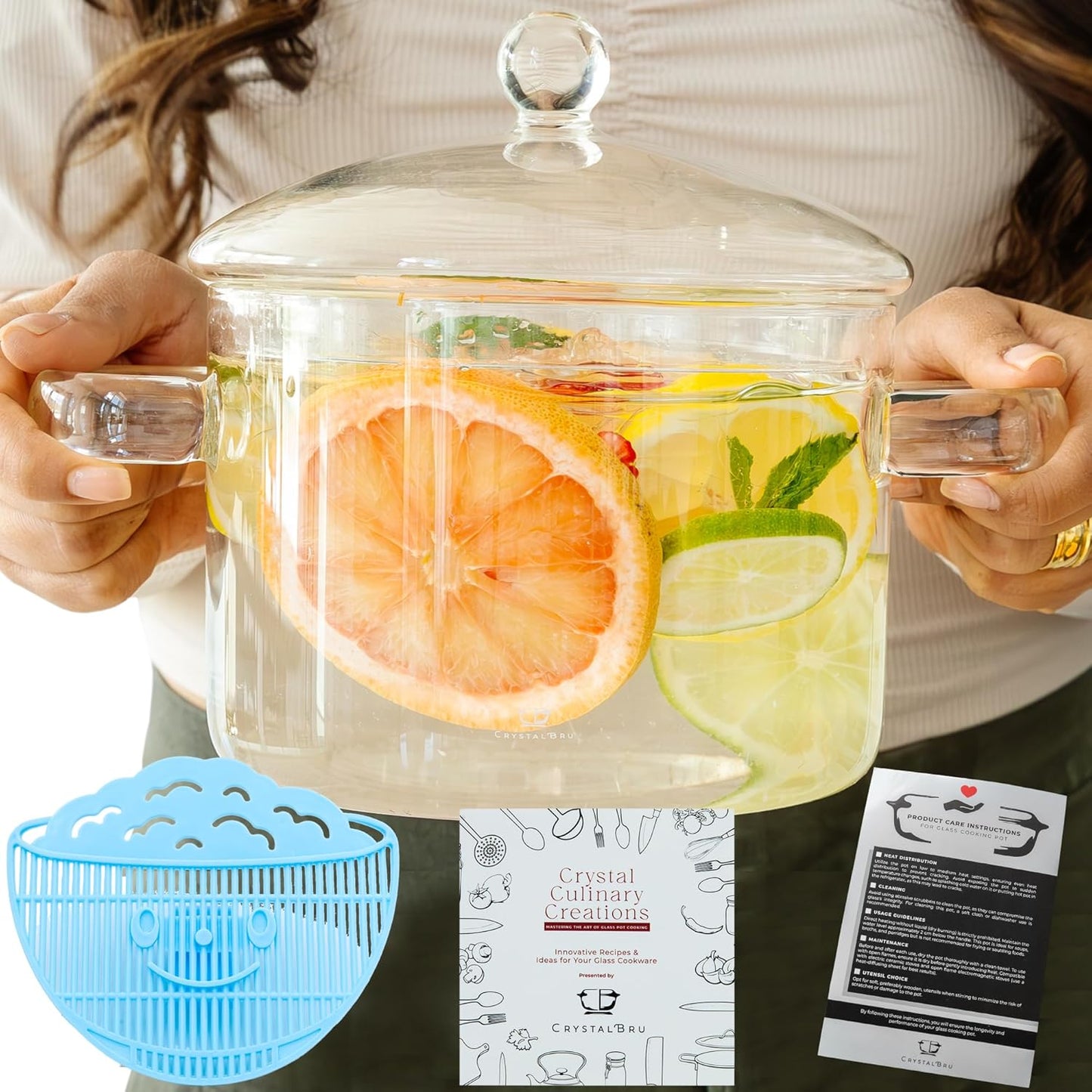 2L Clear Glass Simmer Pot with Lid & Strainer | Heat-Resistant Borosilicate Glass Pot for Pasta, Soup, Baby Food & Milk | Electric Simmer Tool for Home Fragrance | Anti-Scald Handles