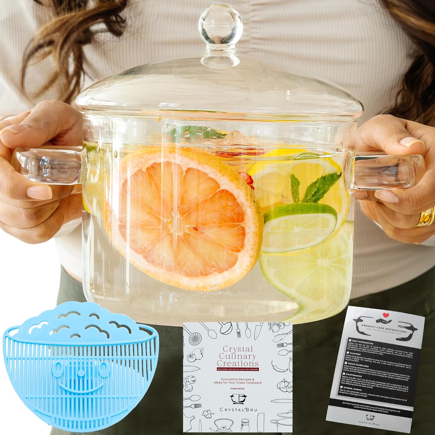 2L Clear Glass Simmer Pot with Lid & Strainer | Heat-Resistant Borosilicate Glass Pot for Pasta, Soup, Baby Food & Milk | Electric Simmer Tool for Home Fragrance | Anti-Scald Handles