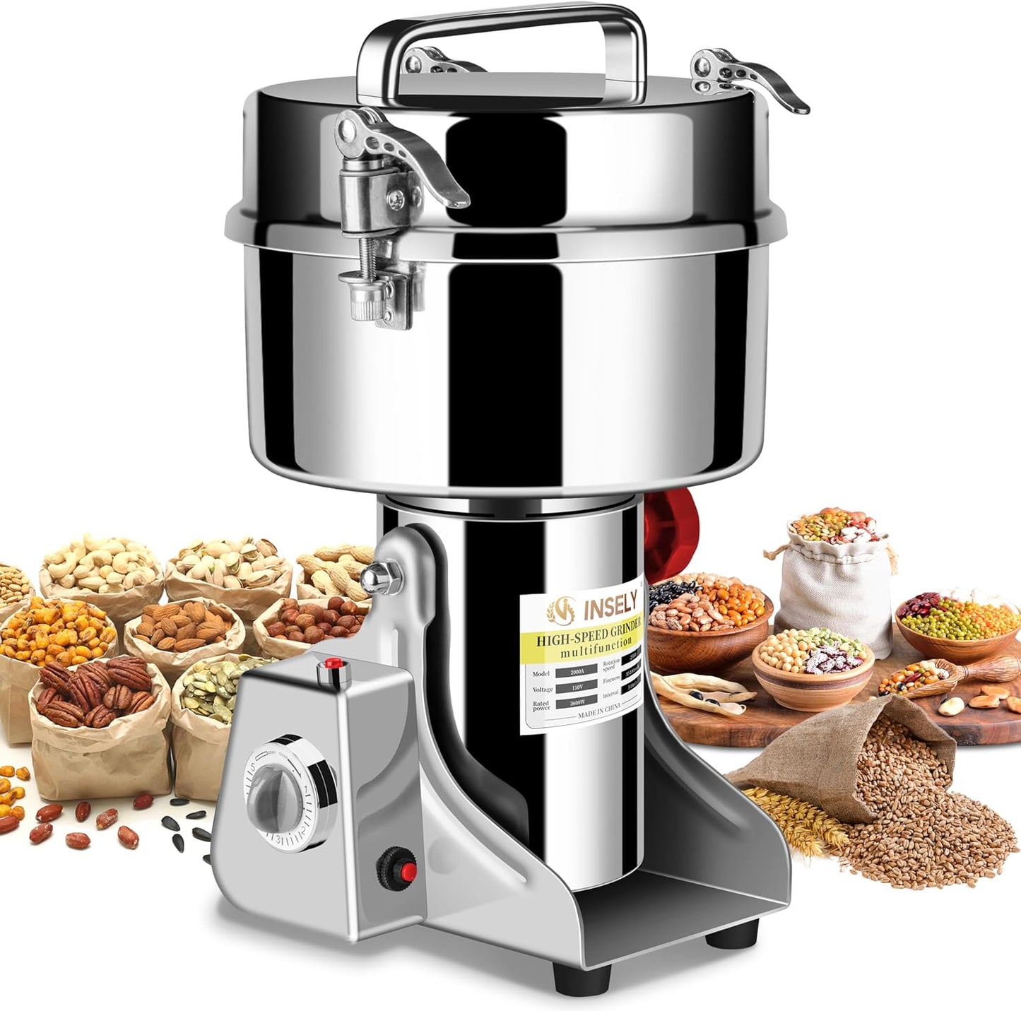 INSELY Grain Mill Grinder 2000g High Speed Food Grain Mill Stainless Steel Seeds Flour Nut Pill Wheat Corn Herbs Spices & Seasonings Dry Grinder Electric Machine Grinder for Kitchen