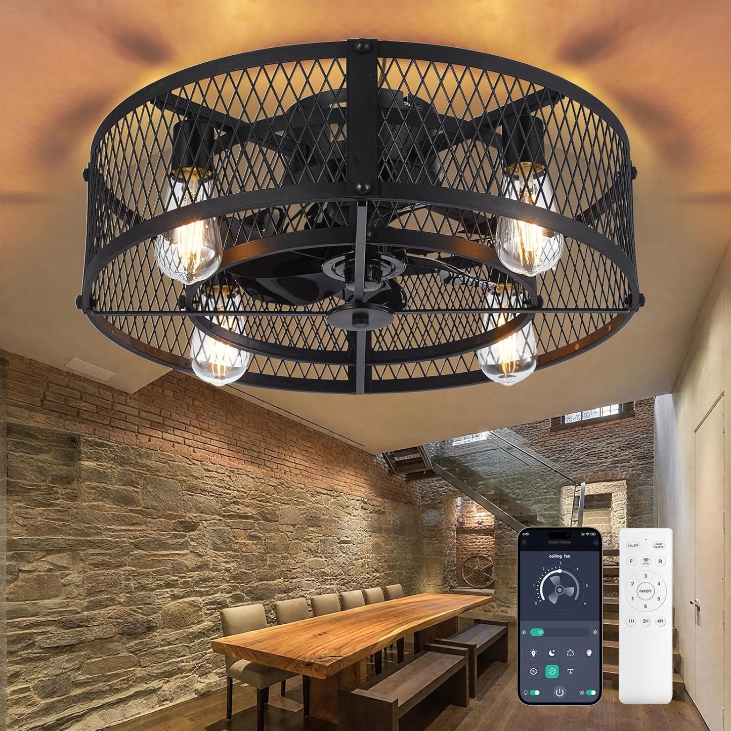 Depuley Flush Mount Ceiling Fan: 20" Caged Ceiling Fans with Lights and Remote App Control for Kitchen Bedroom Farmhouse - Rustic Low Profile Ceiling Fandelier Lights Reversible 6 Speed Timer Black