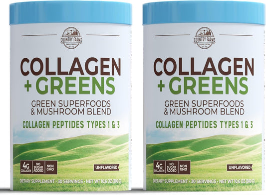 COUNTRY FARMS Collagen Peptides Powder with Greens Dietary Powder Supplement (Type I, III) for Skin Hair Nail and Joints, Dairy\/Gluten\/Sugar Free, Energizing Superfoods, 21.2 Oz, 60 Servings