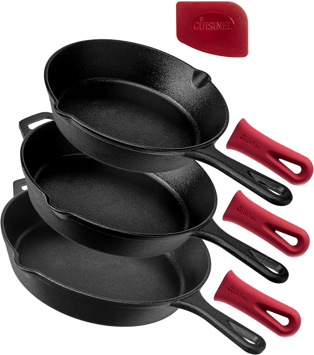Cuisinel Cast Iron Skillet Set - 8" + 10" + 12"-Inch Pre-Seasoned Frying Pans + Silicone Handle Grip Covers - Use Indoor\/Outdoor, Oven, Grill, Stove, BBQ, Fire, Induction - Kitchen\/Camping Cookware