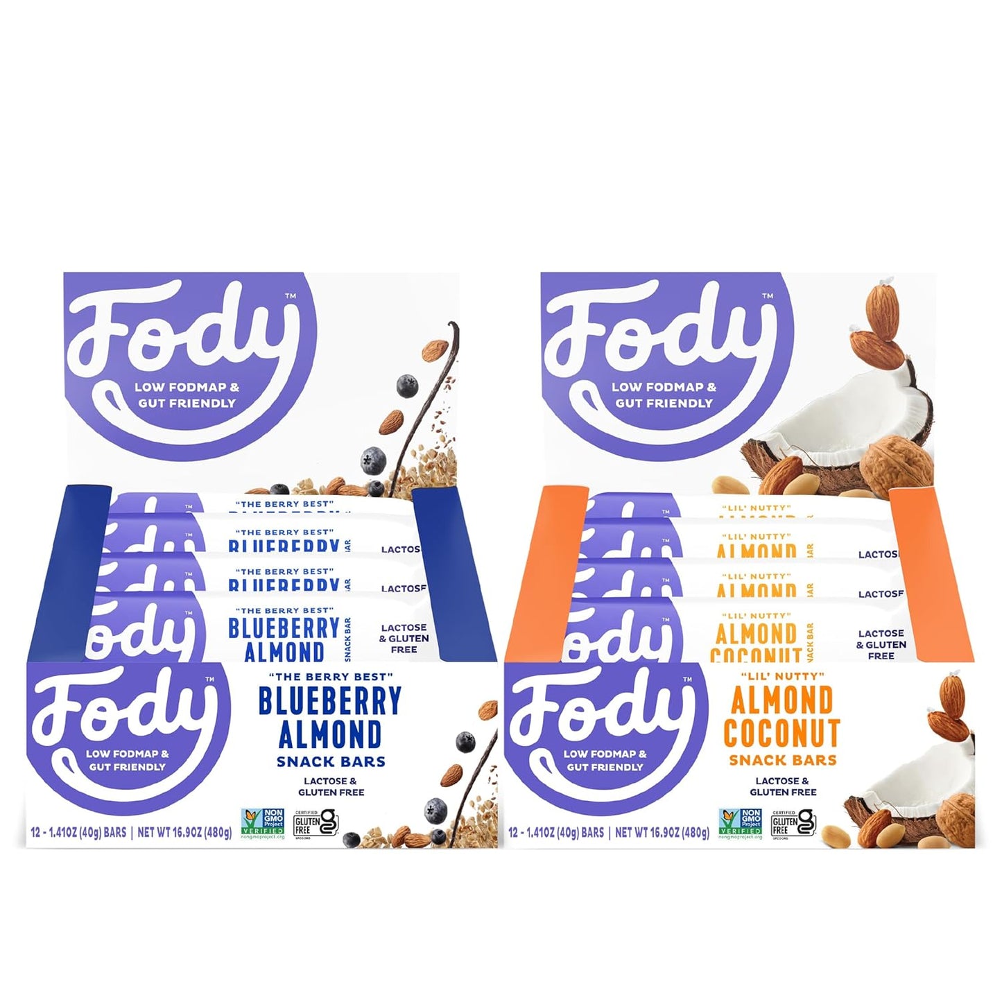 Fody Foods Snack Bars Variety Pack, 1.41 Oz (Pack of 24), Almond Coconut & Blueberry Almond, Protein Bars, Low FODMAP, Gut & IBS Friendly, Vegan, Lactose Free, Non-GMO, Gluten Free
