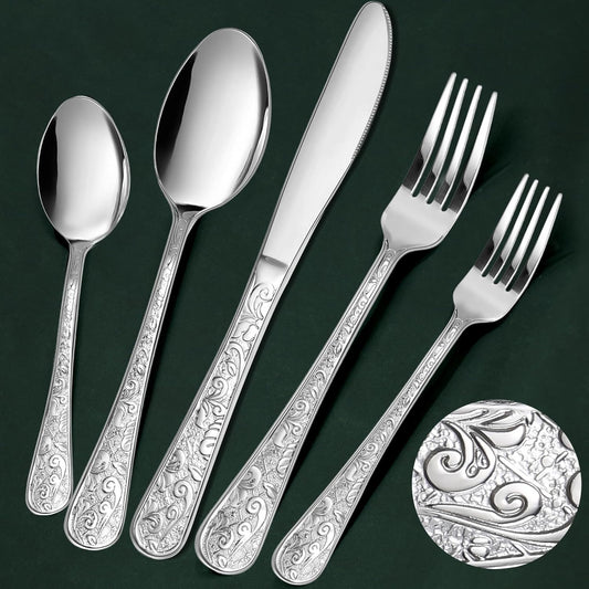 Meythway 40-Piece Vintage Carved Silverware Set for 8, Stainless Steel Flatware Set with Knife\/Fork\/Spoon, Cutlery Set for Home and Kitchen, Utensil Set with Dishwasher Safe