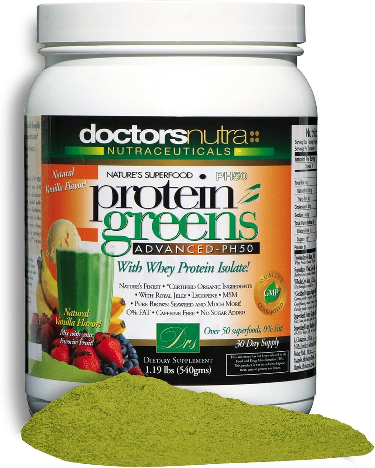 PH50 Whey Protein Greens Drink with Certified Organic Ingredients, 1.19 Pounds (540 Grams) 50 Superfoods with Digestive Enzymes, Natural Vanilla Flavor