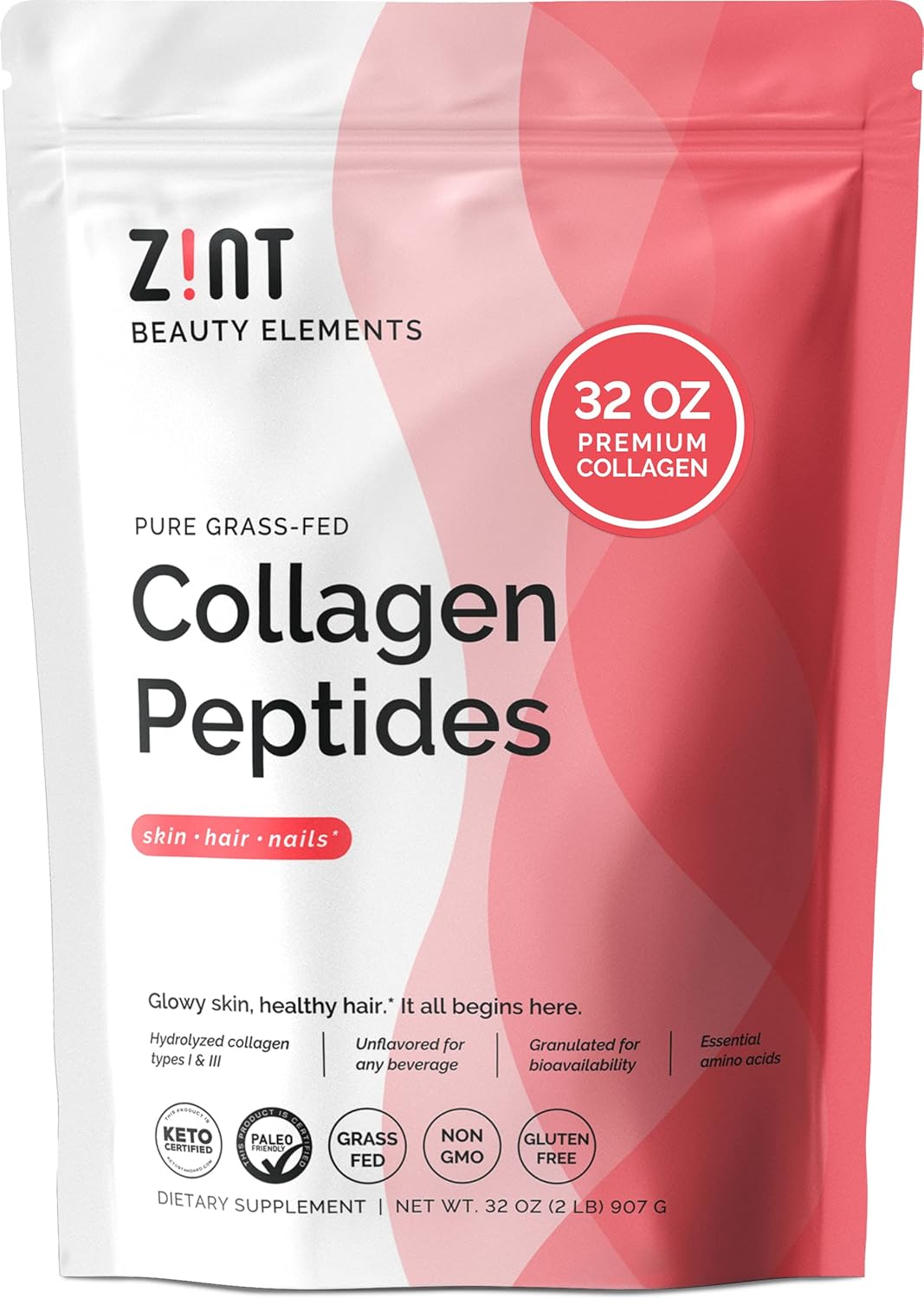 Zint Collagen Peptides Powder (32 oz): Paleo-Friendly, Keto-Certified, Grass-Fed Hydrolyzed Collagen Protein Supplement - Unflavored, Non GMO