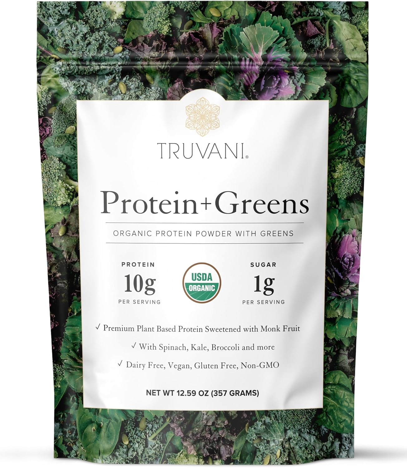 Truvani Protein + Greens Supplement | Spinach, Kale & Broccoli | 10g Organic Plant Based Protein | 20 Servings | USDA Organic | Gluten & Dairy Free | Vegan | No Added Sugar