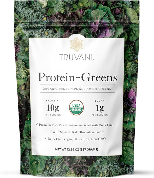 Truvani Protein + Greens Supplement | Spinach, Kale & Broccoli | 10g Organic Plant Based Protein | 20 Servings | USDA Organic | Gluten & Dairy Free | Vegan | No Added Sugar