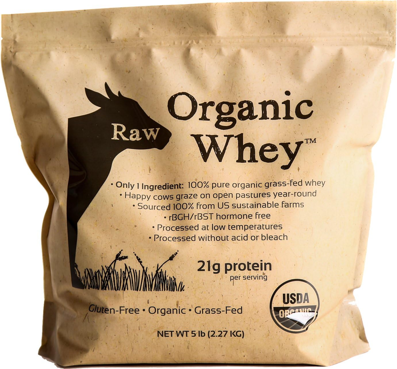 Raw Organic Whey Protein Powder, Grass Fed, Happy Healthy Cows, Undenatured, Hormone Free, Non-GMO, Gluten Free, Unflavored, Unsweetened Protein, 5LB