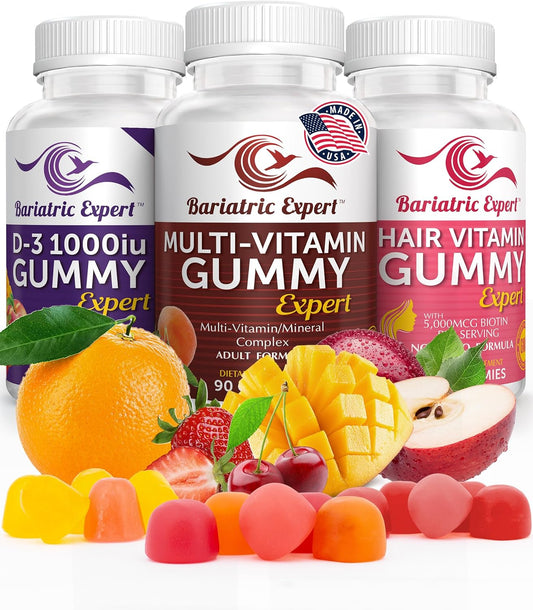 Bariatric Multivitamin 3 Pack, Multivitamin Gummy 90 Chews. - D3 Gummy 90 Chews.- Hair Vitamin Gummy 60 Chews.