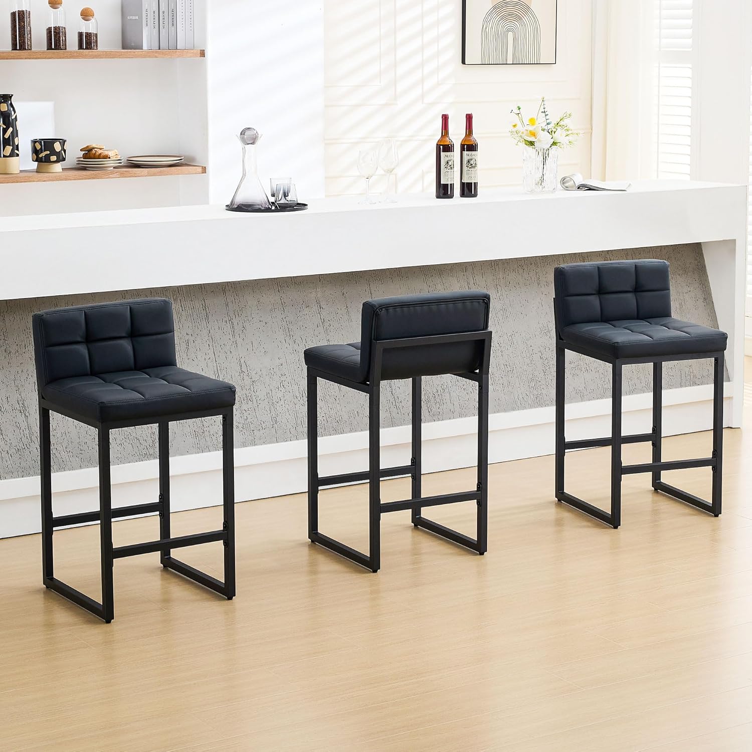FIRAVOE Bar Stools Set of 3, Upholstered Faux Leather Counter Height Barstools with Low Back and Thickened Metal Legs, Modern Bar Chairs for Kitchen Island, Bar, Counter (Black, 3Pcs 26" Bar Stools)
