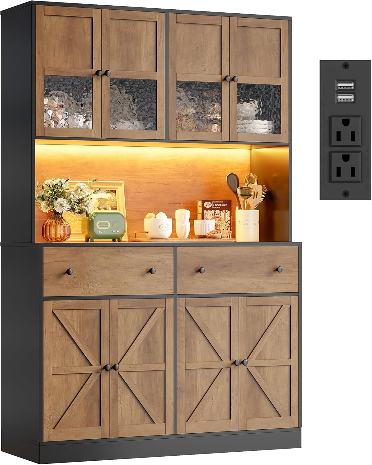 FINETONES 71" Pantry Cabinet with LED Light and Charging Station, Farmhouse Kitchen Pantry Cabinet with Microwave Stand, 47.2" Wide Kitchen Hutch Food Pantry with Open Countertop, Black\/Brown