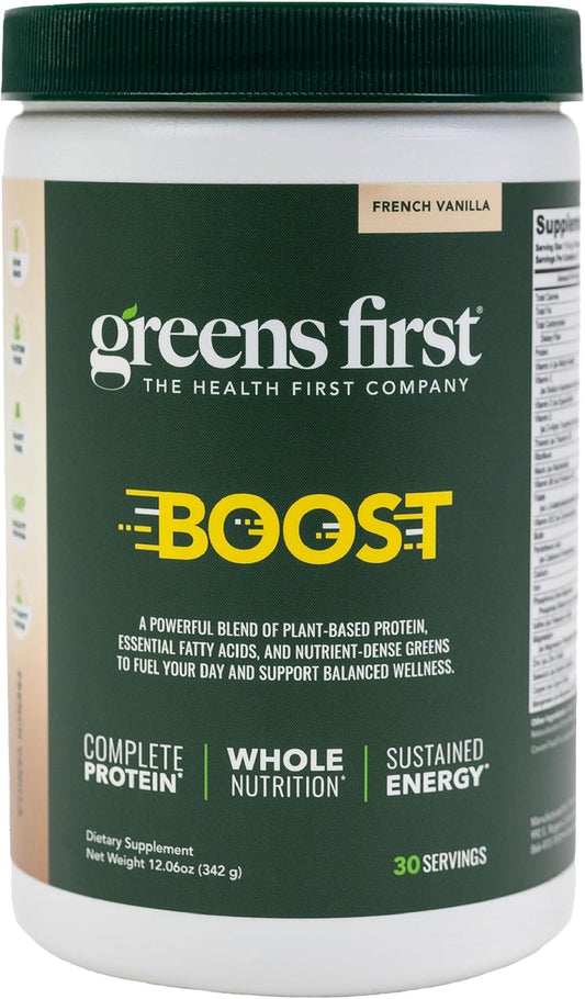 Greens First Boost - Plant-Based Protein & Balanced Nutrition - Superfood Shake Mix - No Wheat or Soy - Dairy-Free - Vegan - French Vanilla, 12.06 oz.