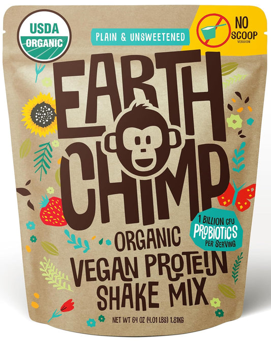 EarthChimp Organic Vegan Protein Powder - with Probiotics - Non GMO, Dairy Free, Non Whey, Plant Based Protein Powder for Women and Men, Gluten Free - 52 Servings 64 Oz (Plain & Unsweetened) No Scoop