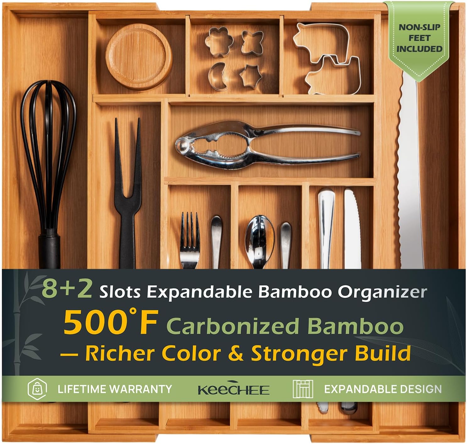 keechee Carbonized Bamboo Kitchen Drawer Organizer, 8-10 Slots Expandable Silverware Organizer, Utensil Holder & Cutlery Tray, 2.2" Deep for Extra Capacity, Non-Slip Feet Included