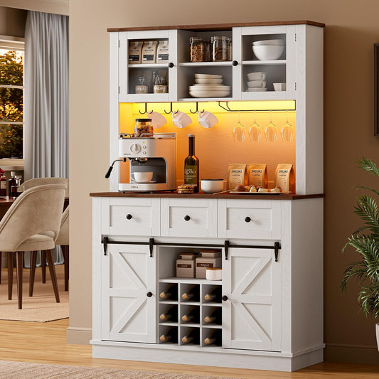 IRONCK 72'' Coffee Bar Cabinet with Storage, Large Kitchen Hutch with Power Outlet & LED Light, Tall Bar Cabinets with 3 Drawers & Wine Glass Rack, Sliding Barn Door China Cabinet for Home, White