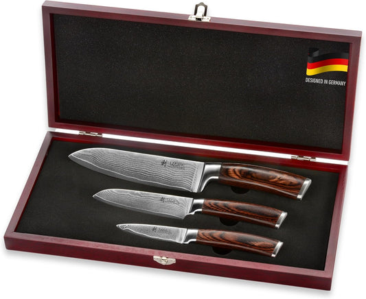 Wakoli EDIB Chef Knife Set 3-Piece \u2013 Japanese Style Damascus Kitchen Knives | Genuine Damascus Steel Blades with VG10 Core | Ergonomic Pakkawood Handles | Professional Knife Set in Wooden Gift Box