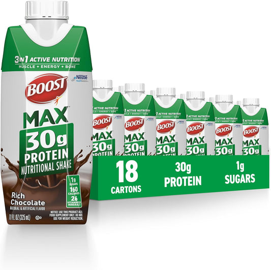 BOOST MAX Protein Shakes Ready to Drink - 30g High Protein Shake - Chocolate | Nutritional Drinks to Support Muscle Recovery After Exercise, 26 Vitamins & Minerals, 1g Sugar, 11 fl oz (Pack of 18)