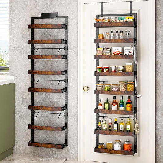 bukfen Over the Door Pantry Organizer, 8-Tier Adjustable Wooden Basket Kitchen Pantry Door Organization and Storage,2 in 1 Wall Mount or Hanging Heavy-Duty Metal Hanging Kitchen Spice Rack,1 Pack