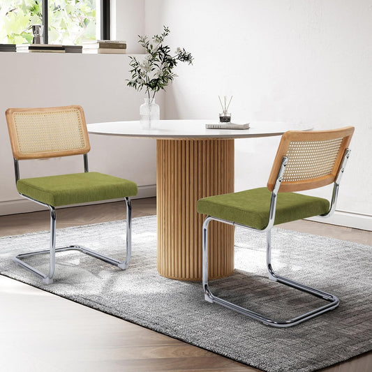 KROFEM Modern Cesca Cane Dining Chairs, Set of 2, Handwoven Rattan Cane Back, Chrome Base, Upholstered Cotton Seat, Ideal for Kitchen or Dining Room, Green