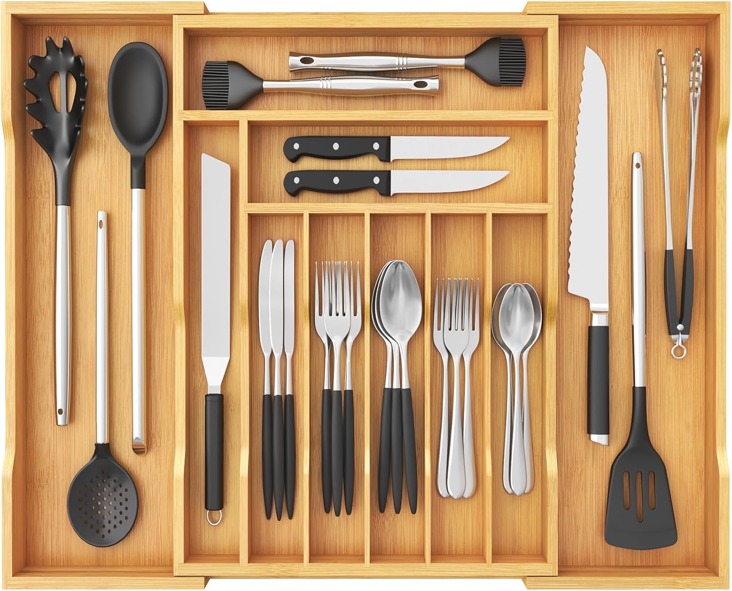 Lifewit Silverware Drawer Organizer, Expandable from 17 to 28 Inches, 10 Slot Utensil Tray for Kitchen, Bamboo Flatware and Cutlery Holder, Wood Adjustable Storage for Spoons Forks Knives, Natural