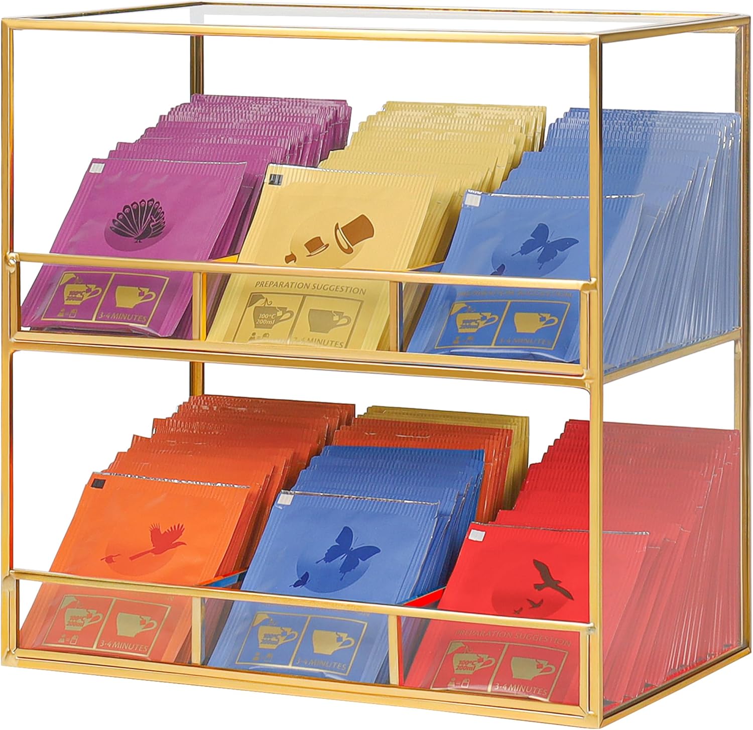 REDHUGO Glass Tea Bag Organizer for Counter, 2-Tier Teabag Organizer Storage Holder for Tea Bags, Glass Caddy Box Containers, Rack Teabag Station Stand for Cabinet Kitchen, 2-Tier, Gold