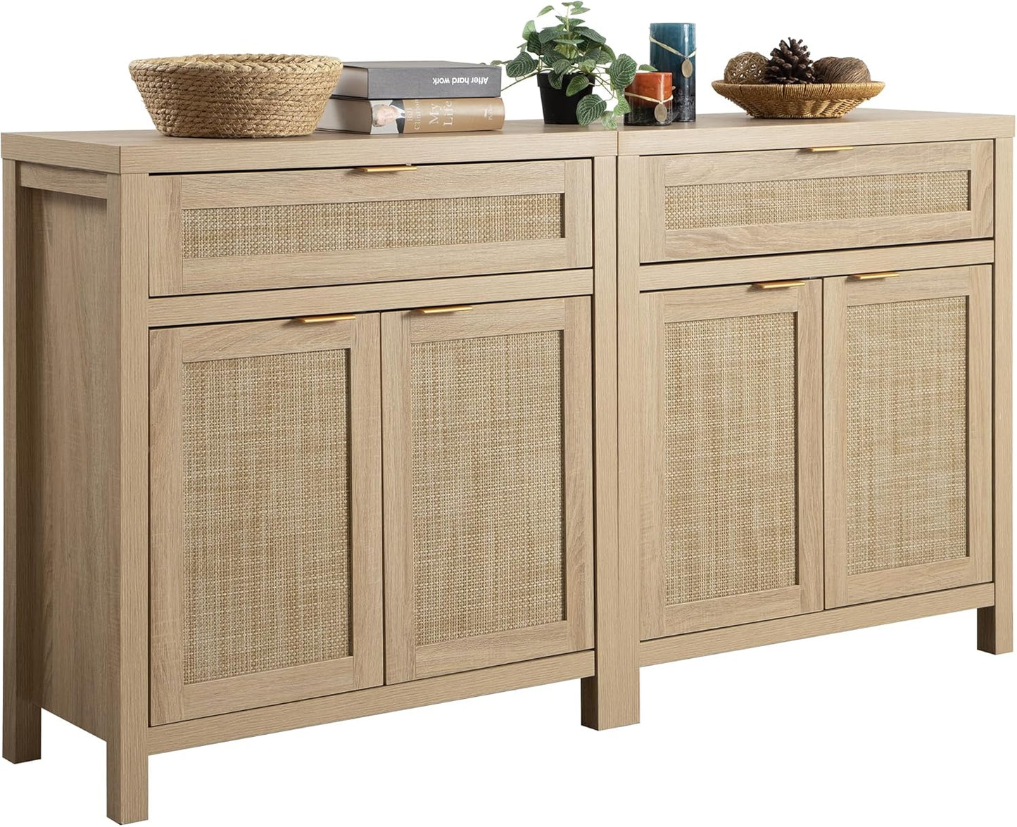 SICOTAS Sideboard Buffet Storage Cabinet Set of 2, Rattan Credenza Buffet Table, Boho Console Accent Cabinet with Doors and Drawer, Coffee Bar Cabinets for Kitchen Entryway Living Room, Natural