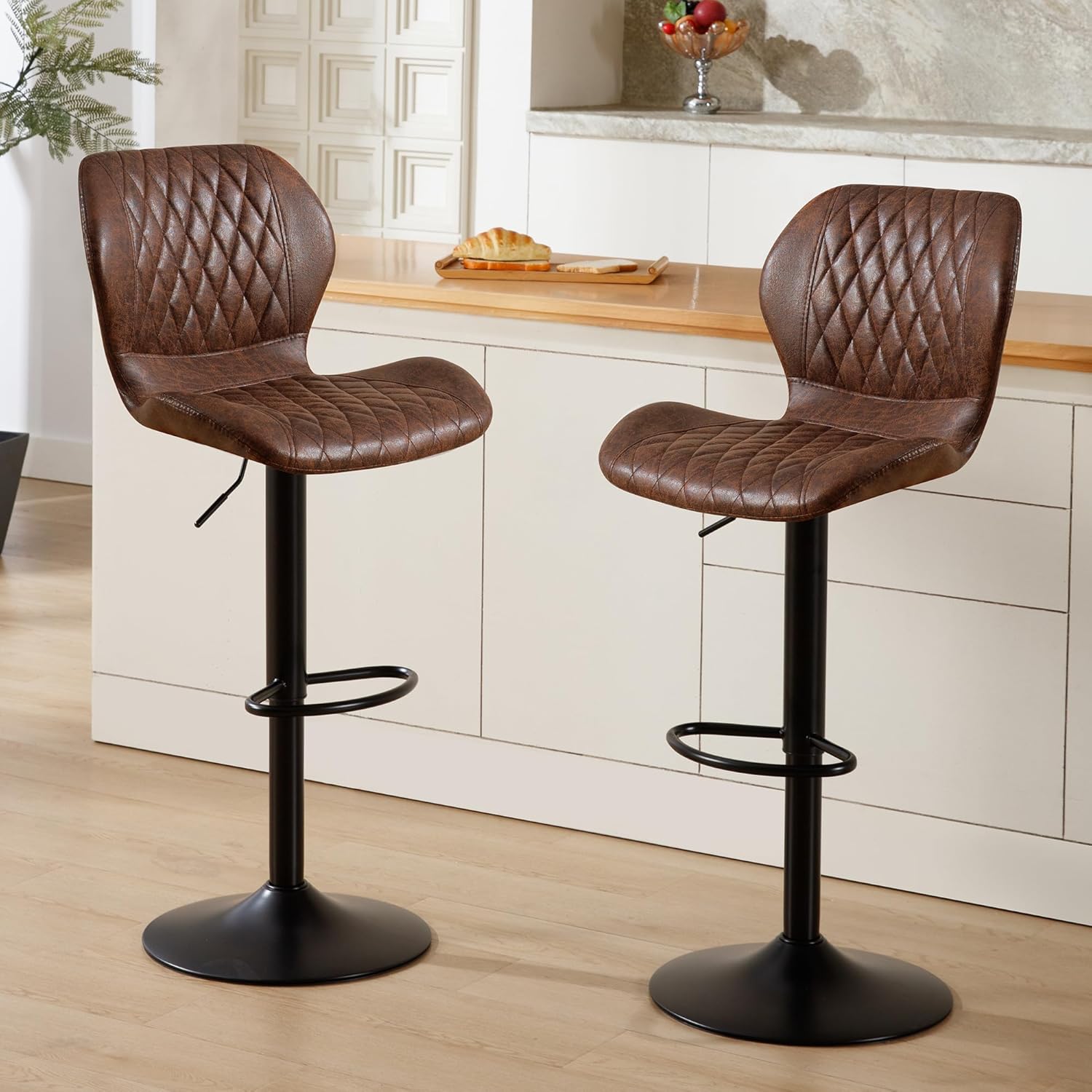 HOMYKA Bar Stools Set of 2, Modern Swivel Counter Height Barstools for Kitchen Island Chairs, Adjustable Faux Leather Bar Stools with Back for Kitchen Counter Bar, Brown