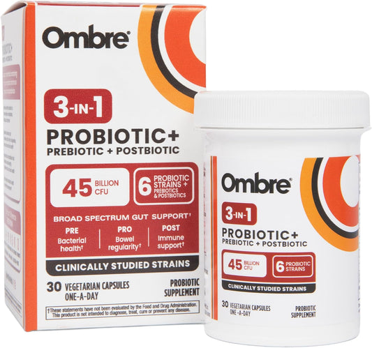 Ombre 3-in-1 Probiotic, Prebiotic and Postbiotic for Digestive Health & Gut Health - 45 Billion CFU - Bloating, Constipation & Gas Relief - Metabolic & Immune Support for Women & Men, 30 Day Supply