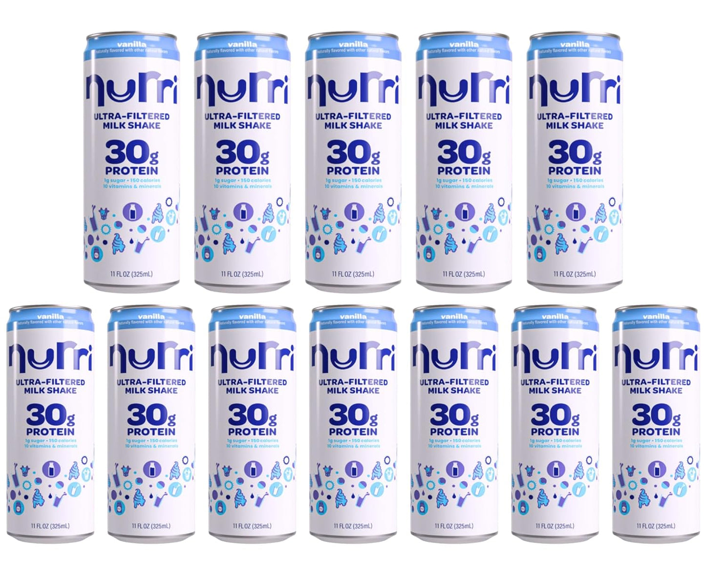 Nurri vanilla 12-Pack Ulta Filtered Milk Shake, 30g Protein, 1g Sugar, 150 Calories, 10 Vitamins and Minerals Per Can | 12-11 Fl Oz Cans Per Package, Grade A Lactose Free (12 Pack, Vanilla)