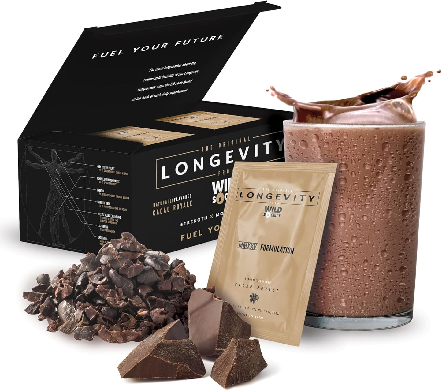 WILD SOCIETY Longevity Shake - Anti Aging Supplement - Protein Powder for Muscle Retention & Recovery, with Whey Isolate, Collagen & Creatine | Cacao Royale, 15 Servings