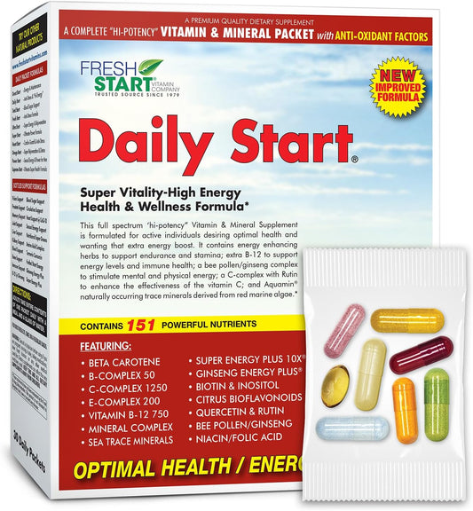 Daily Start Complete Daily Vitamin Pack | 10X Energy & Stamina Booster | Vitamin A, B, C, D, E, B12, Minerals, Ashwagandha, Panax Ginseng, Yerba Mate, Green Tea (30 Packets)