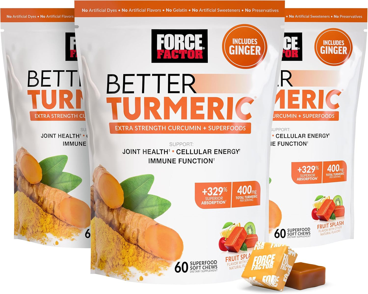 Force Factor Better Turmeric Joint Support Supplement for Extra Strength Joint Health, Featuring HydroCurc Turmeric Curcumin with Black Pepper for Superior Absorption, Fruit Splash, 180 Soft Chews
