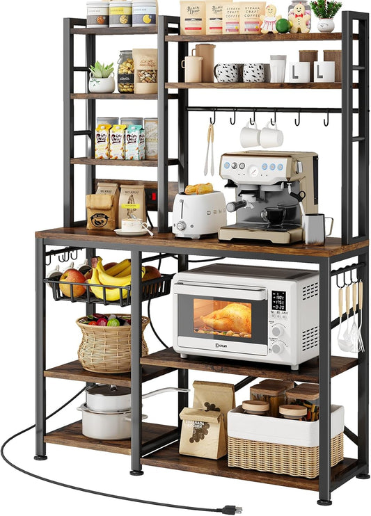 Baker Rack with Power Outlet - Microwave Stand with Storage, Large Coffee Bar Station with 14 Hooks, Metal Kitchen Shelf Rack for Spices, Pots (Rustic Brown)